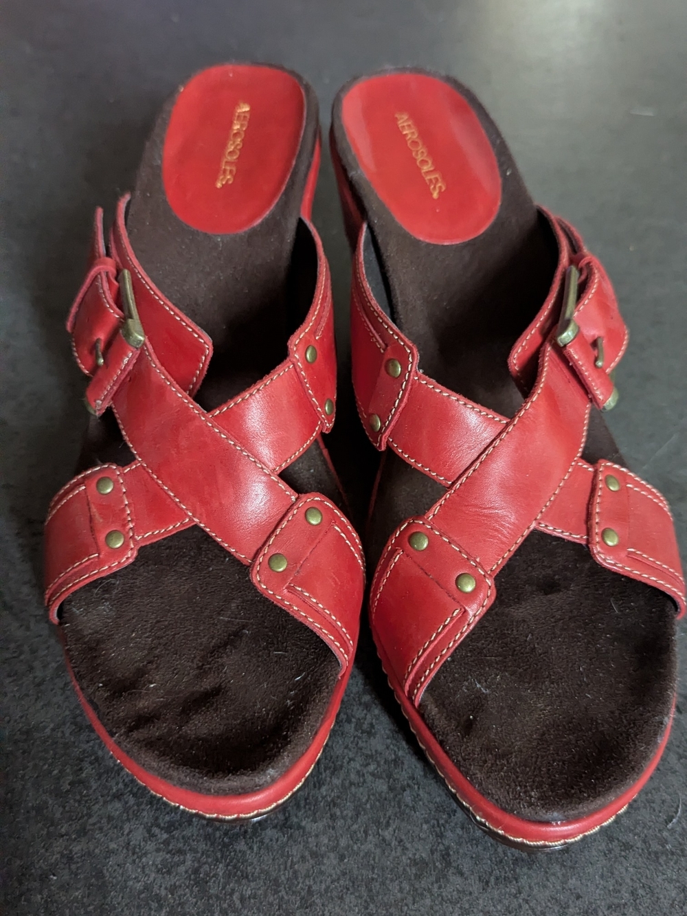 AEROSOLES Red Leather Cross-Strap Mule Sandals